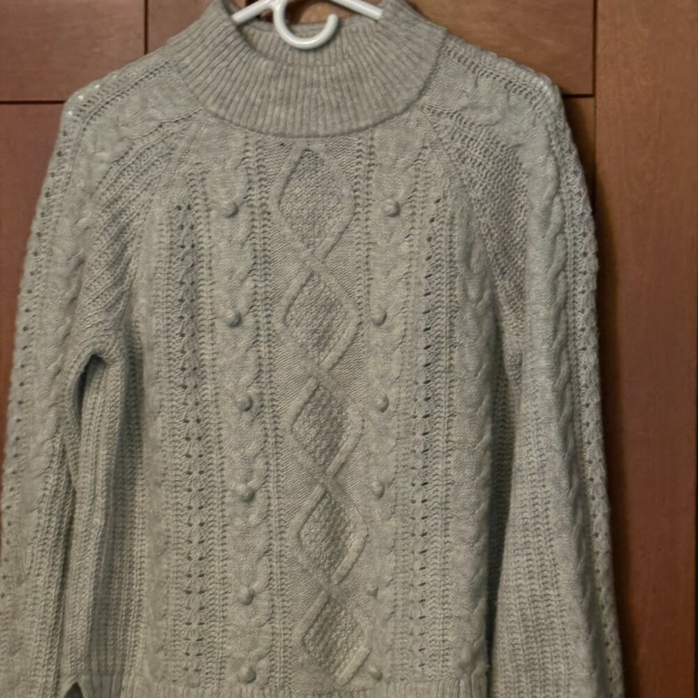 J Crew Women's Sz L Grey Pebble Pom-pom cable-knit sweater NWT $98
